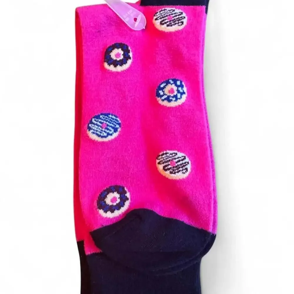 Donut Print Crew Socks Pink and Black
